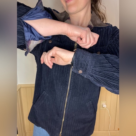 Denim & Co Vintage Corduroy Barn Coat Chore Jacket Navy Plaid Suede Collar Sz M - Picture 4 of 12